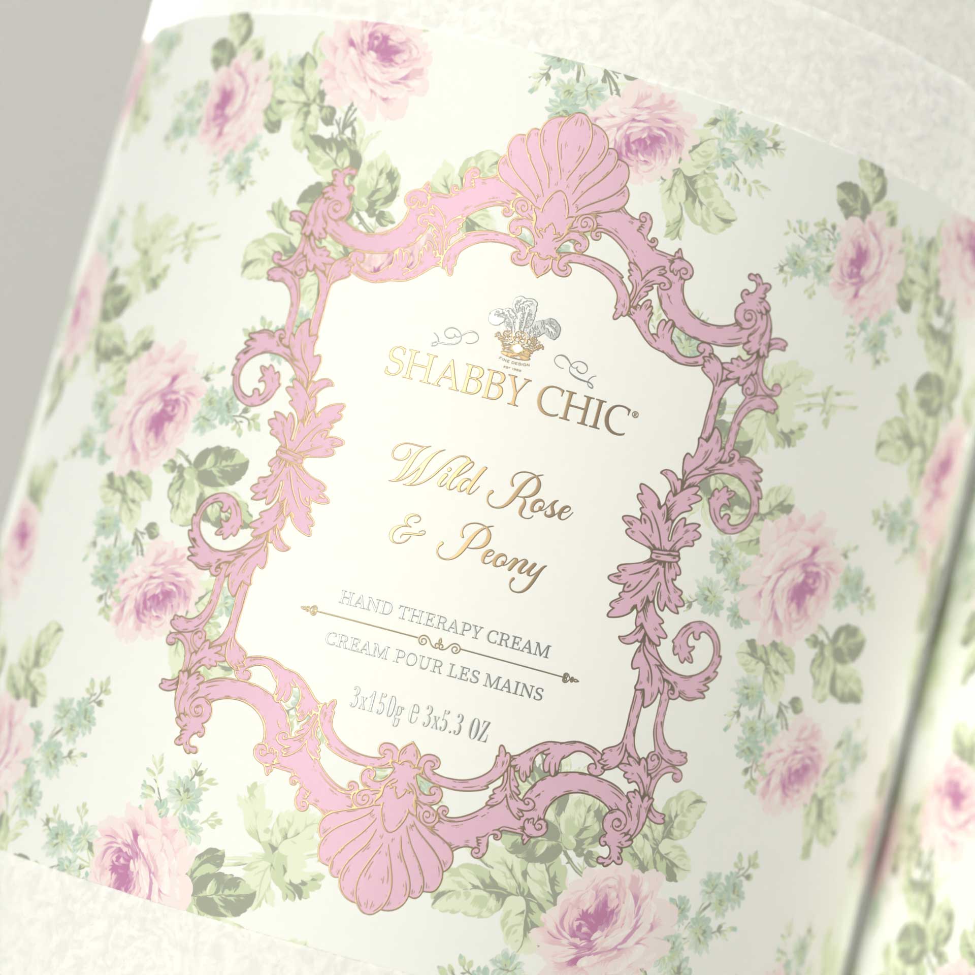 Wild Rose & Peony — foil-stamped rococo label detail