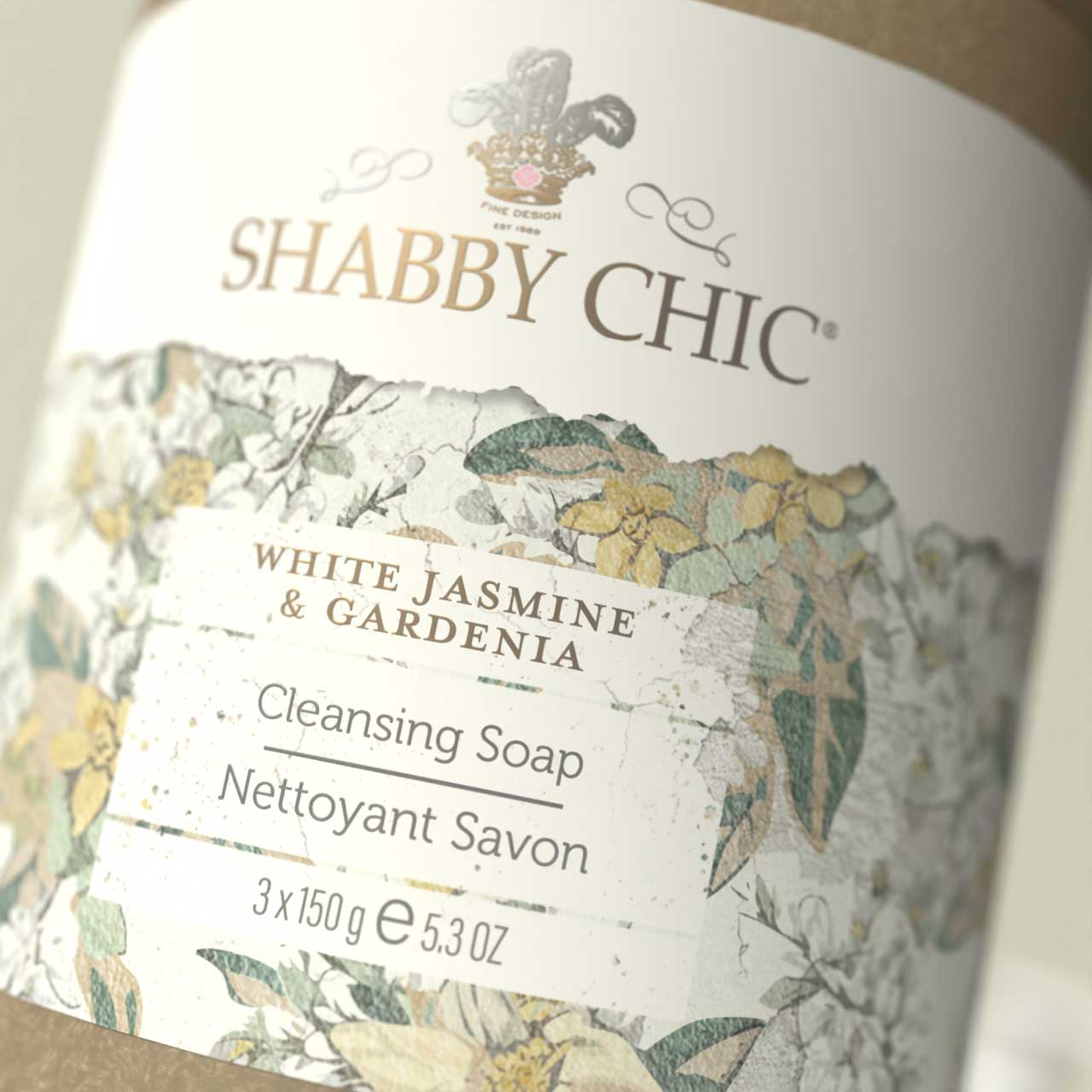 White Jasmine & Gardenia — gold-foil label and floral pattern detail