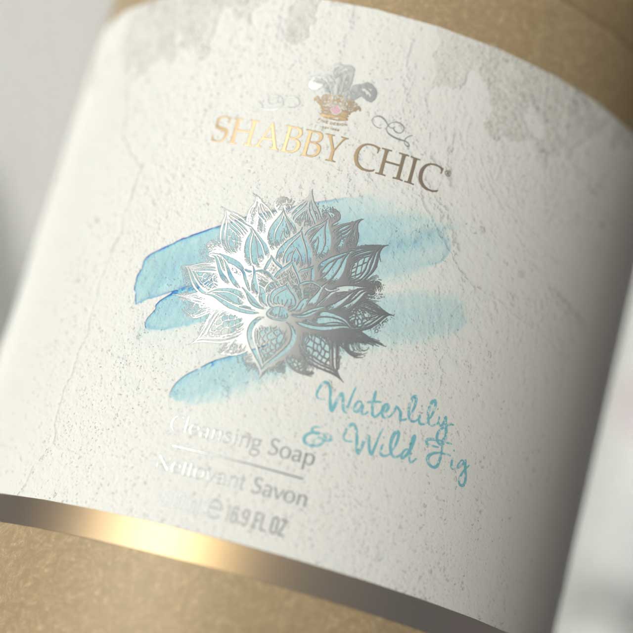 Waterlily & Wild Fig cleansing soap — silver-foil lotus label detail