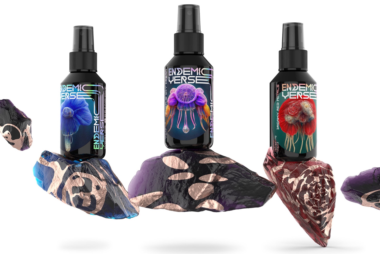 Endemic Verse fragrance trio with holographic type