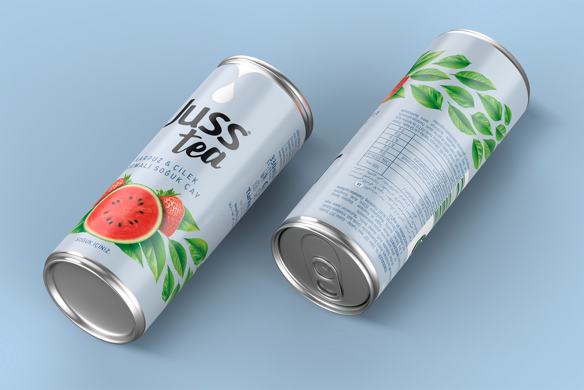 Juss Tea watermelon and strawberry bottles on pastel blue