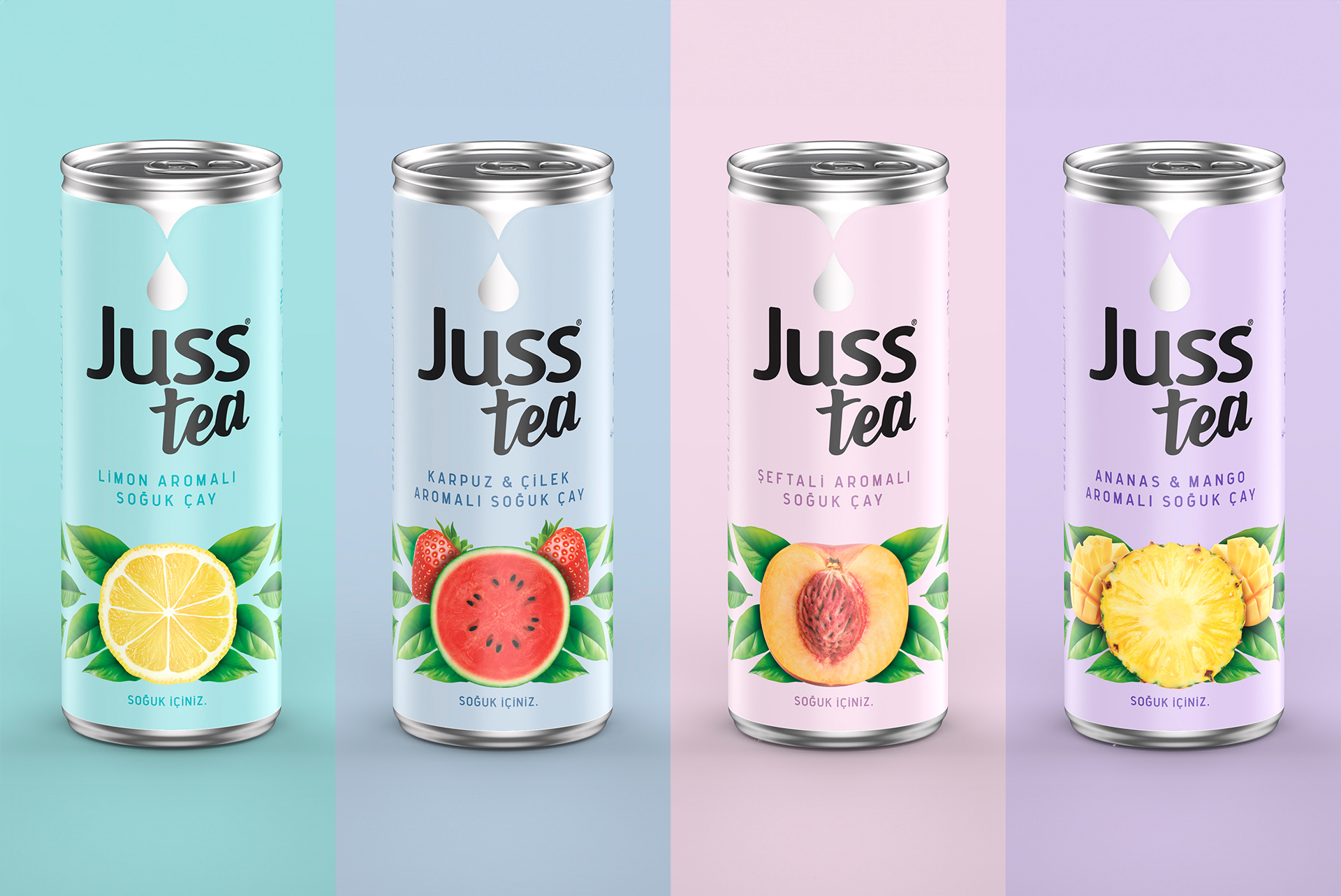 Juss Tea iced tea range on a pastel ground