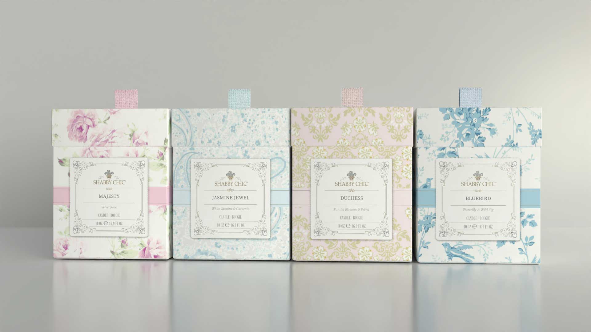 Shabby Chic home-fragrance candle collection packaging