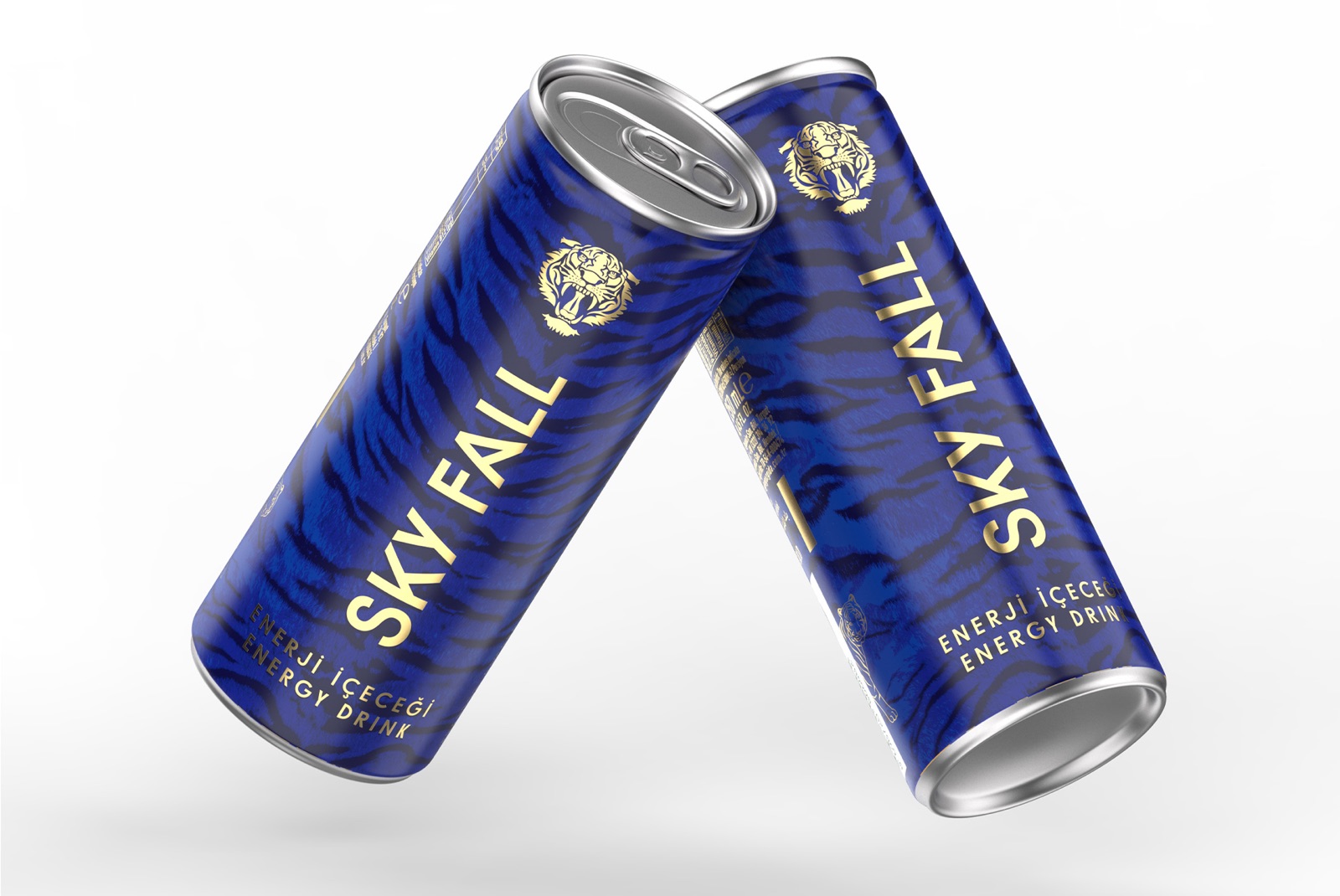 Sky Fall energy drink can with tiger pattern and gold accents