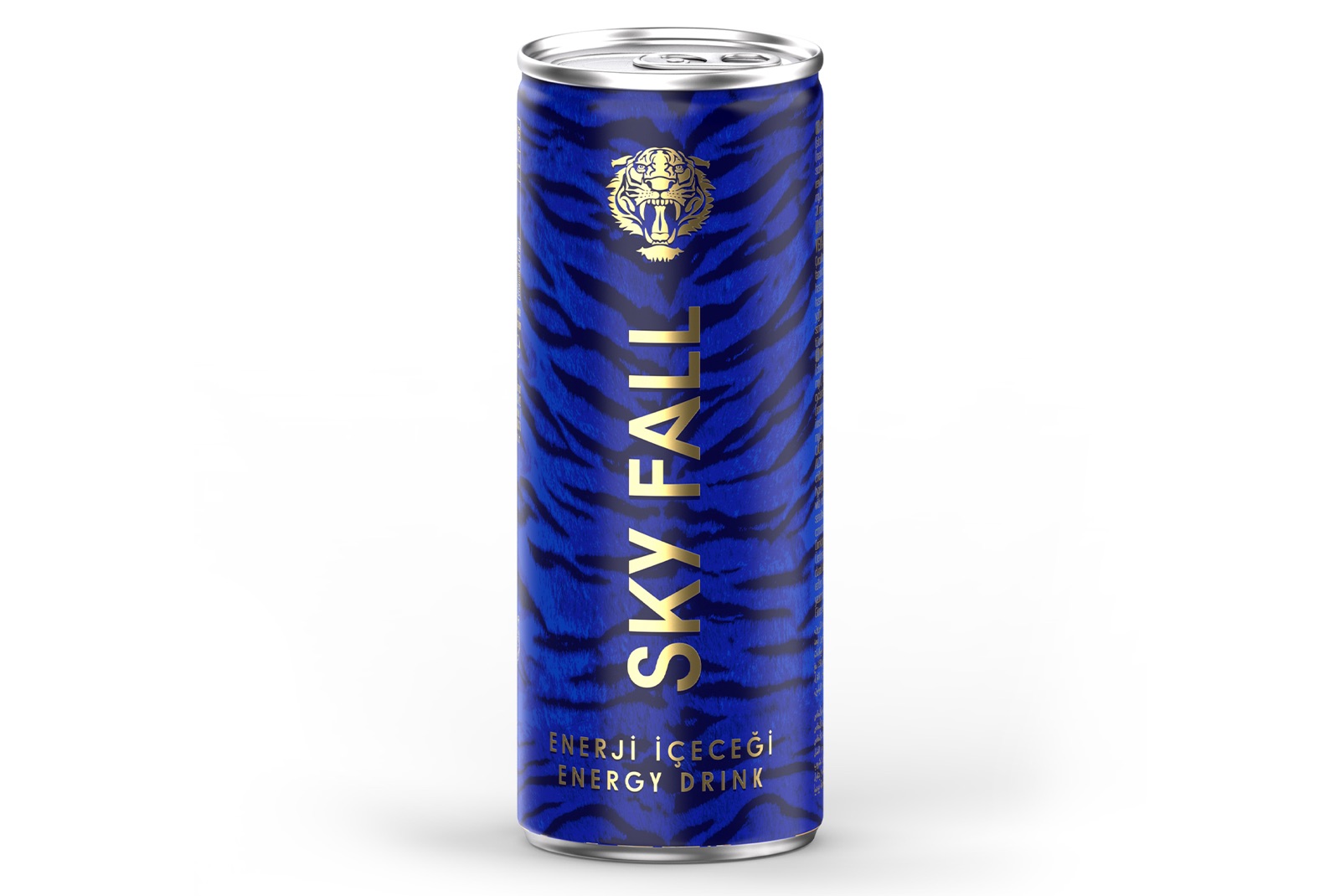 Sky Fall energy drink cans, tiger pattern and gold detail